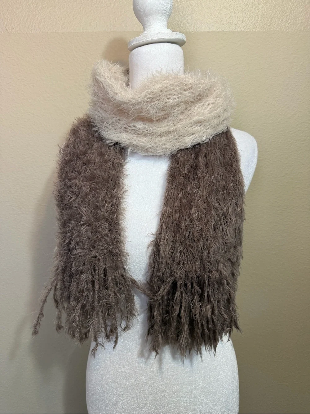 Simply Noelle Shaggy Two-Tone Convertible Infinity Scarf Cream Brown Fringe